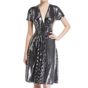 Naeem Khan V-Neck Flare Sequined Dress SILVER- BNWT